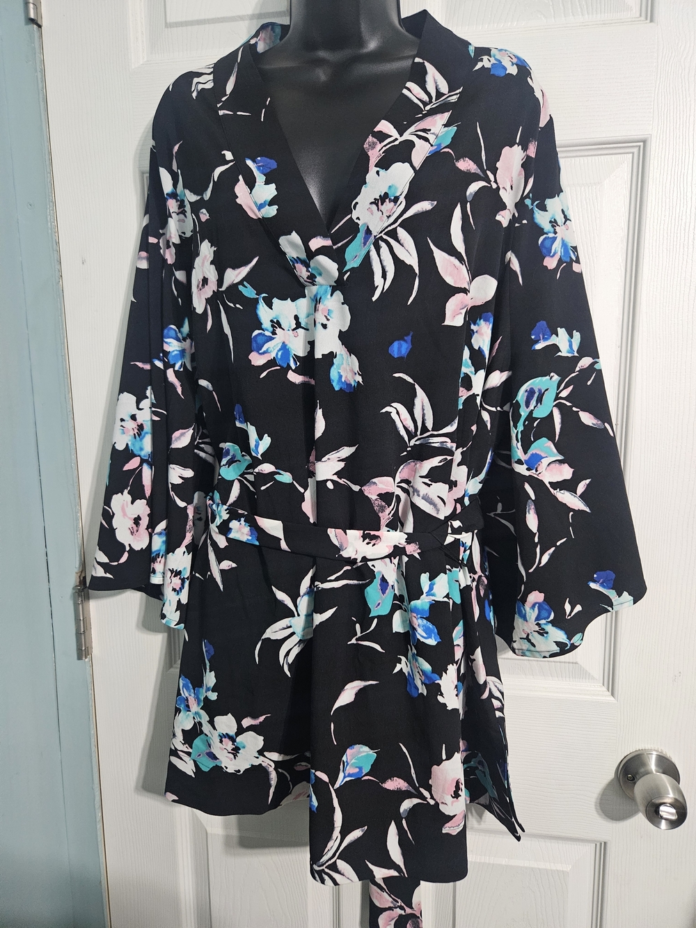Lane Bryant Black Floral Wrap Blouse with Pink & Blue Accents